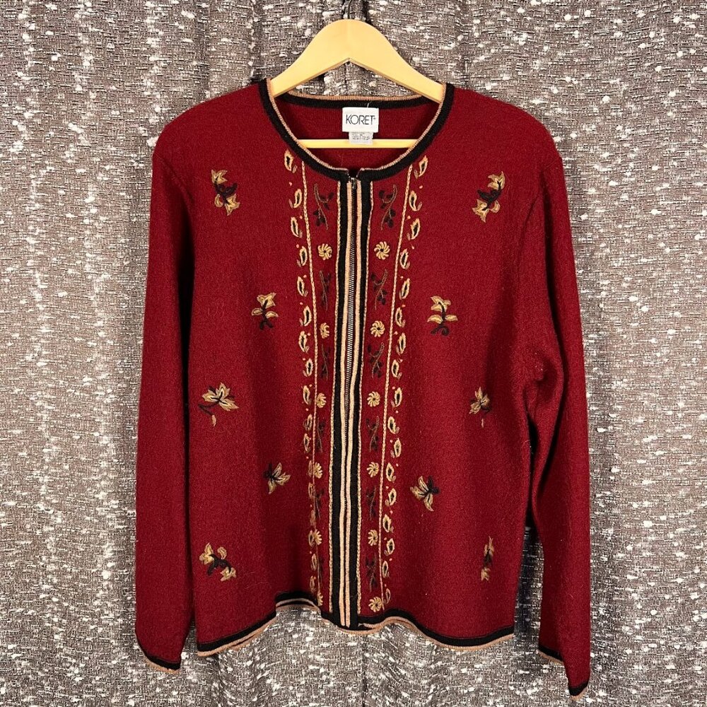Vintage Koret Red Fall Autumn Leaves Full Zip Up Long Sleeve‎ Wool Sweater